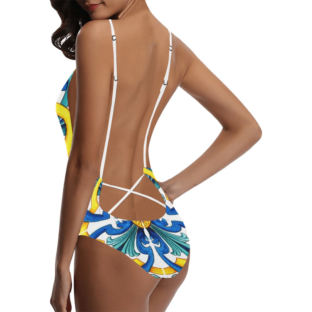 Mediterranean Sexy Lace Backless One-Piece Swimsuit