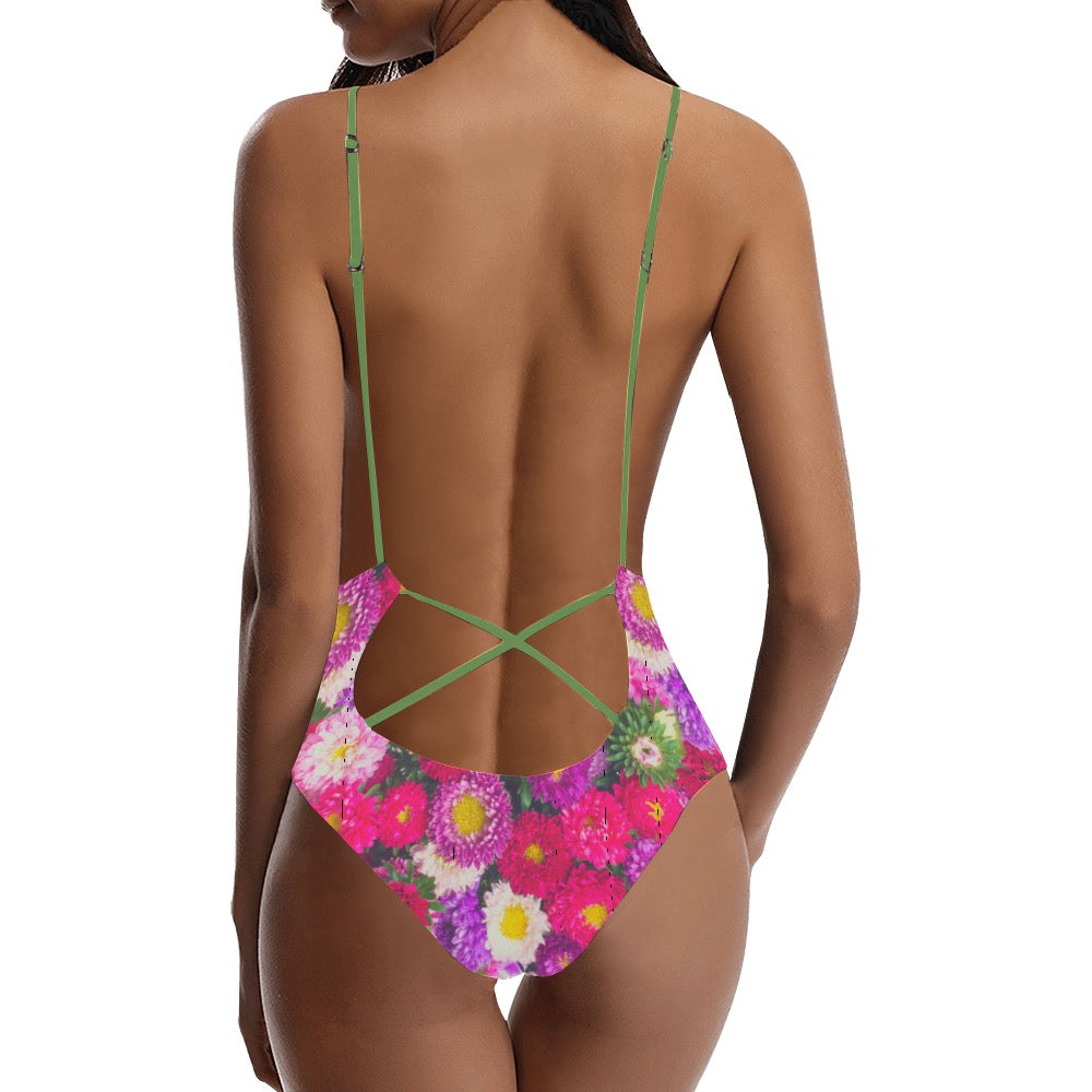 Pink Flow Sexy Lace Backless One-Piece Swimsuit