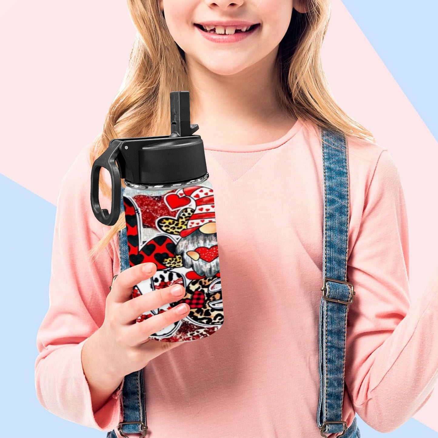 Love Gnome Valentines Kids Water Bottle with Straw Lid (12 oz)