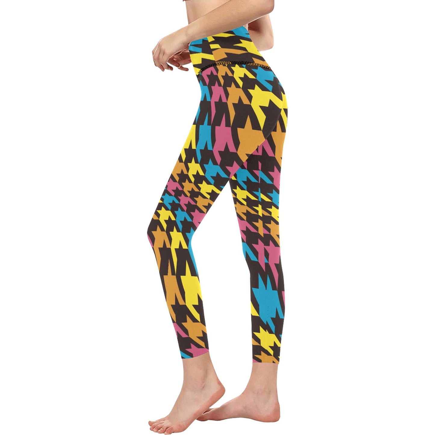 Color Houndstooth Women's High-Waisted Leggings